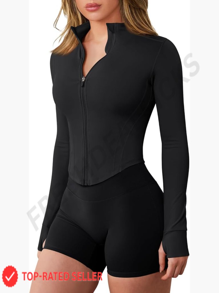 Lightweight Cropped Zip Up Jacket Athletic Full Zip Running Thumb Holes Fitted